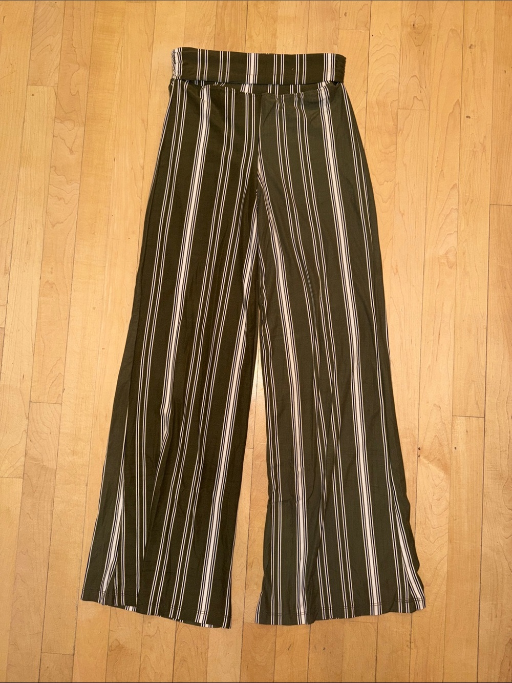 Hot Kiss Olive Green and White Vertical Stripe Wide-Leg Trousers